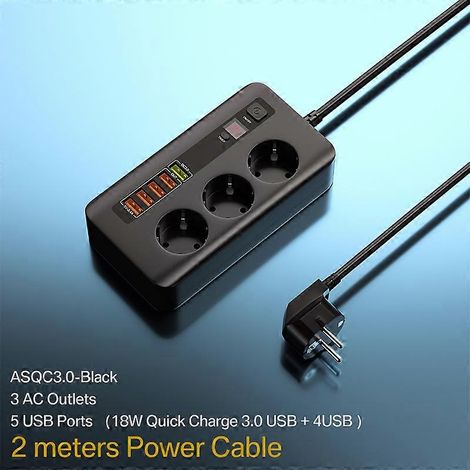 Multiprise intelligente 2500 W avec rallonge et protection contre les surcharges, idéale pour le bureau et la maison. Comprend 3 prises secteur et 5 ports USB. Couleur noire, compatible avec la charge (1/4)
