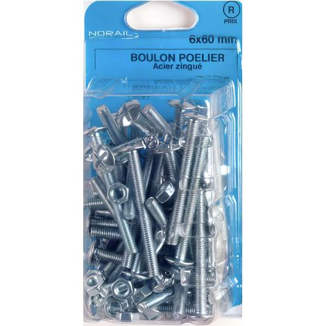 Blister de 25 boulons poêliers tête ronde large fendue en croix 6 x 80 mm - Zingué - BRL0608002CP25