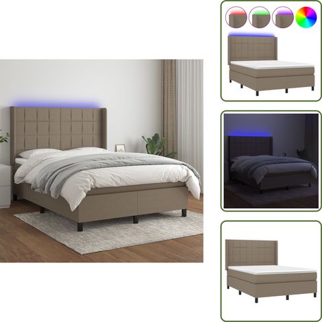 Sommier à lattes de lit matelas et LED Taupe 140x200 cm Tissu - Sommier Tapissier - Lit Avec Led - Matelas À Ressorts Ensachés - Têted Lit Ajustable - Éclairage Led (1/5)