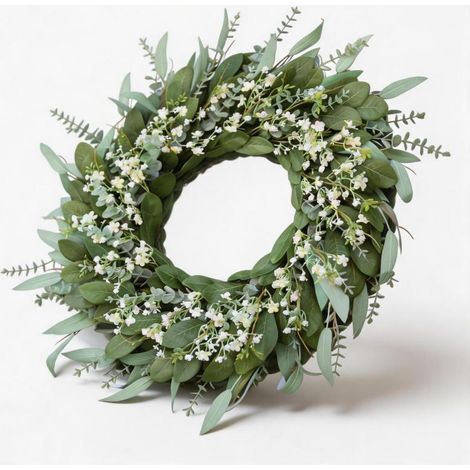 Irovami Couronne artificielle en eucalyptus , Couronne de porte 66cm avec gypsophile – Décoration murale extérieure intérieure résistante aux UV (1/5)