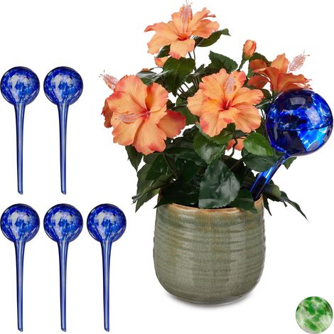 6x Sfere per Irrigazione, Dosatori di Piante, Annaffiatori per l'Ufficio, Vacanza, Ø 9 cm, Vetro, Blu