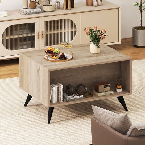 Table Basse avec Rangement Table d'Appoint Style Ferme avec Compartiments Ouverts et 3 Tiroirs 4 Pieds Surélevés Naturel (1/3)