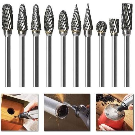 10 pcs Double Coupe de Tungstène Burres Rotatives en Carbure Massif En Acier Set 3mm Queue Foret de Torsion de Tiges Pour Outils Rotatifs Dremel (1/4)