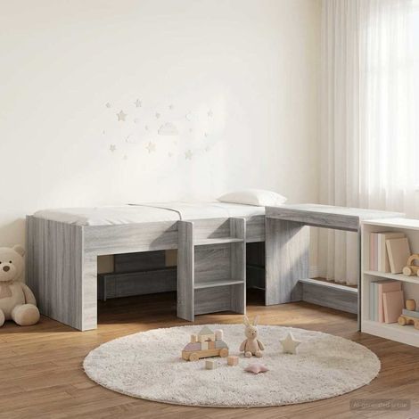 Lit mezzanine enfant avec bureau intégré, bois d’ingénierie, gris Sonoma, 2 pièces - PANGIVO (1/5)