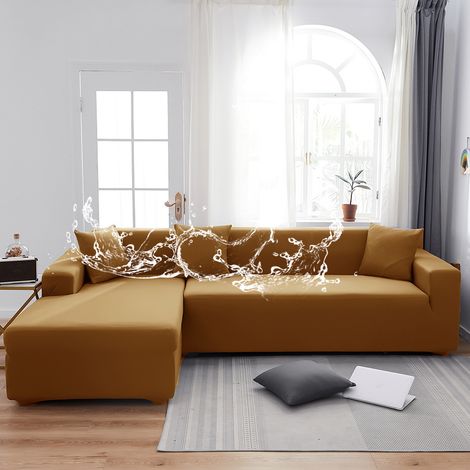 Sofabezug für 3-Sitzer (190–230 cm) – Elastisch, wasserdicht und staubabweisend – In weichem Milchseide-Stoff – Einheitliche Kamelfarbe – Für Sofas ohne Armlehnen und separate Rücklehnen