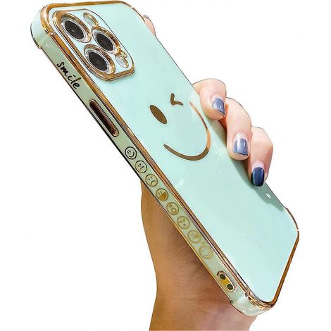 Hülle kompatibel mit iPhone 13 Pro Max, vergoldete Rückseite mit lächelndem Motiv.