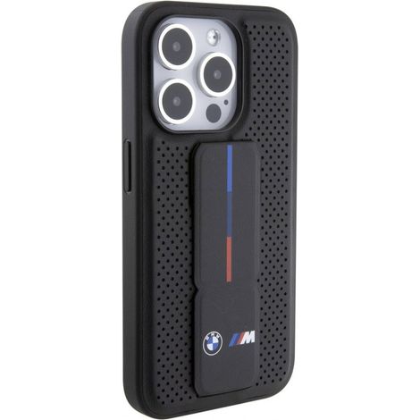 Coque BMW Grip Stand lisse et perforée pour iPhone 15 Pro (noire)