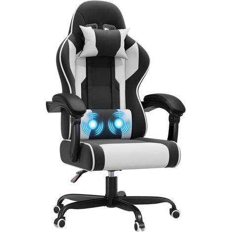 Chaise Gaming avec Massage Lombaire, Chaise Bureau Ergonomique avec Dossier Inclinable, Fauteuil Gaming avec Assise Douce et Résistante, Idéale pour Jeux et Boulot, Blanc (1/5)
