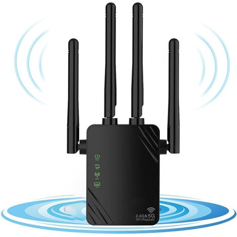 Repetidor WiFi, amplificador WiFi de doble banda 2.4G/5G de 1200 Mbps, cobertura de hasta 930 m², 2 puertos LAN para el hogar y la oficina, fácil de usar, color negro. (1/4)