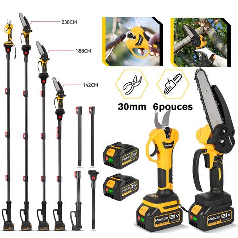 6 Pouces Mini Tronconneuse avec Perche & 25 mm Secateur Electrique, 4-en-1 Ensemble d’Outils de Jardin avec 2 x 3000 mAh Batteries, Portée Maximale 2.1m