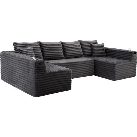 Modulares U-Form-Sofa aus Chenille mit Becherhaltern und Seitentaschen, Dunkelgrau (1/5)