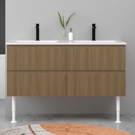 Meuble de salle de bain suspendu Strié 120cm avec pieds + double vasque + 4 tiroirs, Noyer (1/5)