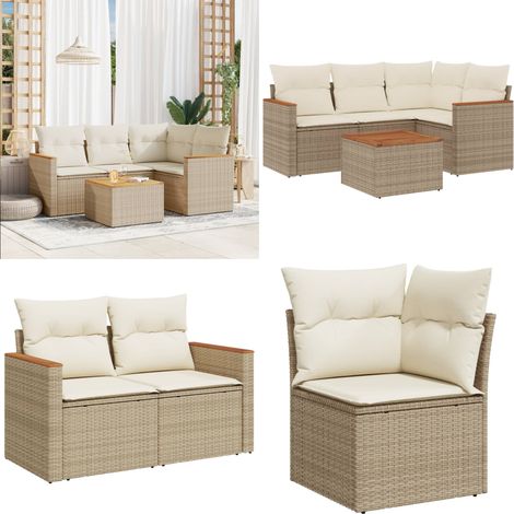 5-tlg. Garten-Sofagarnitur mit Kissen Beige Poly Rattan - Gartenmöbel Set - Esszimmergarnitur - Outdoor Lounge - Rattan Gartenset - Balkonmöbel - Home & Living (1/5)