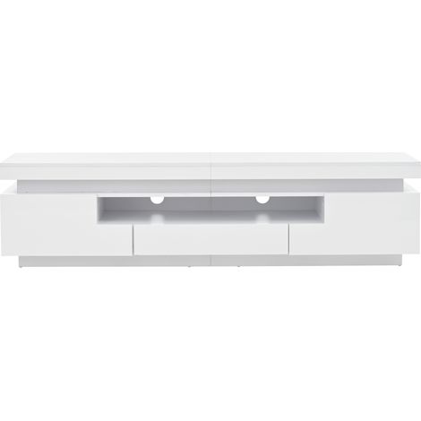 Meuble tv 175x38x45 cm blanc brillant avec led, 2 portes, 1 tiroir, rangement ouvert, pour écran jusqu’à 75 pouces
