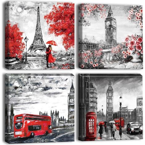 4-teiliges Leinwandbild Paar Big Ben Eiffelturm Kunstdruck 30x30cm (1/5)