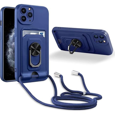 Blaue Handyhülle mit Trageband und Halskette für iPhone 11 Pro Max, inklusive 360°-Ringständer, Kartenfach und Kameraabdeckung. (1/5)