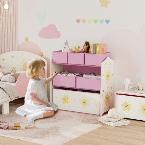 Meuble rangement enfant à 3 niveaux. étagère de rangement pour jouets enfants avec 6 boîtes en tissu amovibles. rose
