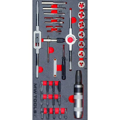 Mw Tools – Coffret tarauds et filières 35 pièces – 7 tarauds et 7 filières de tailles 3 à 12 – Pour servante d'atelier – MWTAP35