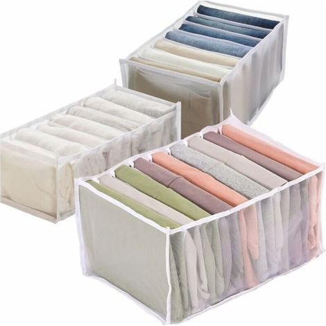 3PCS Organisateur de tiroir, Boîte de Rangement en Filet Pliable, Organisateur de Jeans à 7 Compartiments, Organisateur de T-shirt à 9 Compartiments (1/4)
