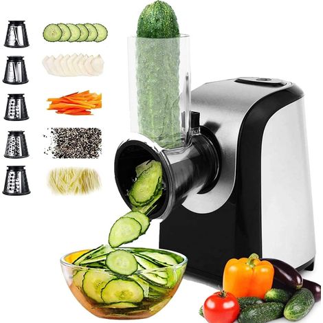 COOCHEER Grattugia elettrica, 150W Affettaverdure elettrico in acciaio inox, con 5 tamburi di taglio per frutta, verdura e formaggio