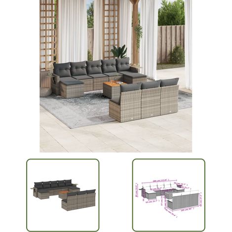 The Living Store 11-tlg. Garten-Sofagarnitur mit Kissen Grau Poly Rattan - Gartenmöbel Set - PE-Rattan Möbel - Outdoor Lounge - Esszimmergarnitur - Balkonmöbel (1/3)