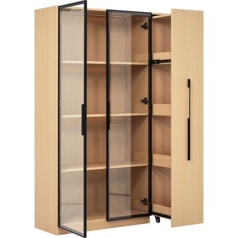 Armario multifunción 110,5 x 35 x 160 cm con vitrina de vidrio y LED, color roble (1/5)