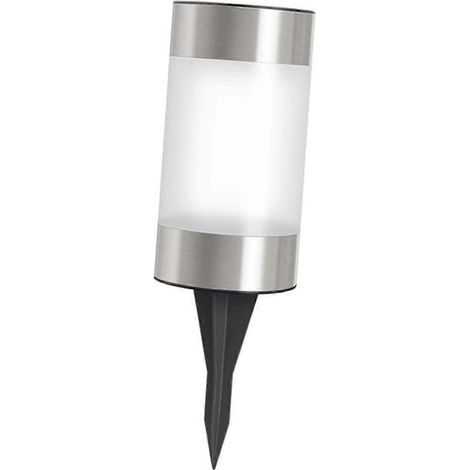 Mini lampe solaire cylindrique sur pied pour jardin, allée et terrasse, LED blanc chaud, noir et argent.