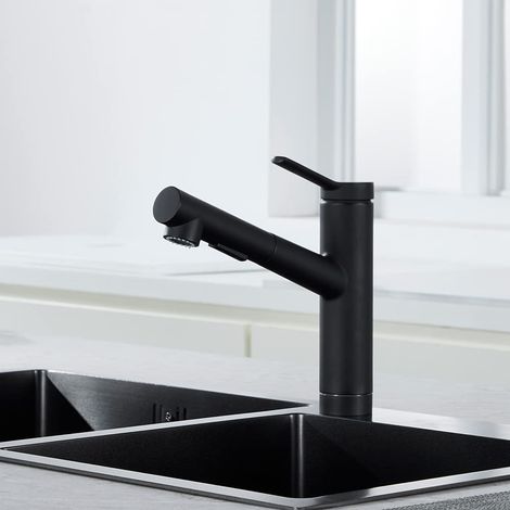 Robinet mitigeur cuisine noir mat avec douchette extractible – 2 modes de jet – rotation à 120° – aérateur Neoperl – cartouche céramique – Faustina (1/5)