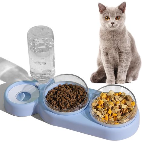 Filiyano-Ensemble de gamelles 3 en 1 pour chat comprenant une gamelle d'eau inclinée à 15°, une double gamelle pour la nourriture et une bouteille de (1/5)