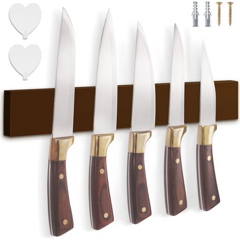 Porte Couteaux Aimanté, Barre Aimantée pour Couteaux avec Aimant à Double Rangée, 40 cm Aimant Couteau Mural avec Aimant Extra Puissant pour Cuisin, Garage, Entrepôt (Brun) (1/5)