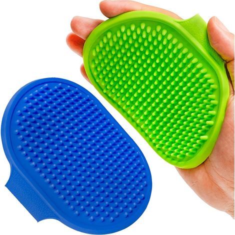 2 Pices Brosse de toilettage pour chien, shampoing pour animaux de compagnie, brosse de bain, massage apaisant, peigne en caoutchouc avec poignée en anneau réglable（bleu+vert） (1/5)