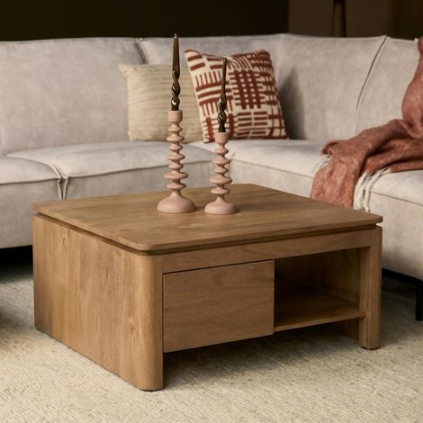 Table basse carrée en bois 2 tiroirs 1 niche KASO (1/5)