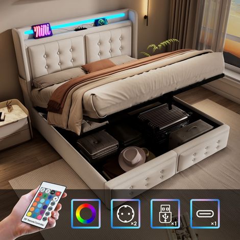Lit double 180x200cm coton beige, tête de lit LED, charge USB-C, sommier hydraulique bois/métal 300kg - (sans matelas) (1/5)