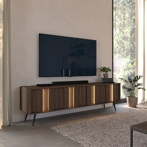 Mobile Porta tv Kafami, un Ripiano, 4 Ante, con led, 183x40x54h cm Marrone Noce (1/5)