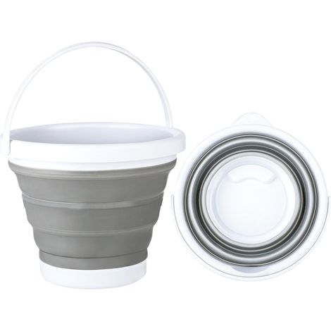 Seau de camping pliable de 5 L, en PP et TPE, à fixation murale, idéal pour le nettoyage, la lessive, la récupération d'eau, le camping et les jeux de plage (blanc cassé). (1/5)