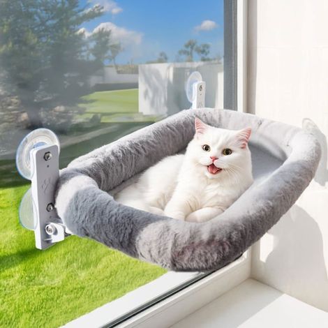 Hamac fenêtre pour chat gris - Coussin lavable, ventouses solides, support 18 kg (1/5)