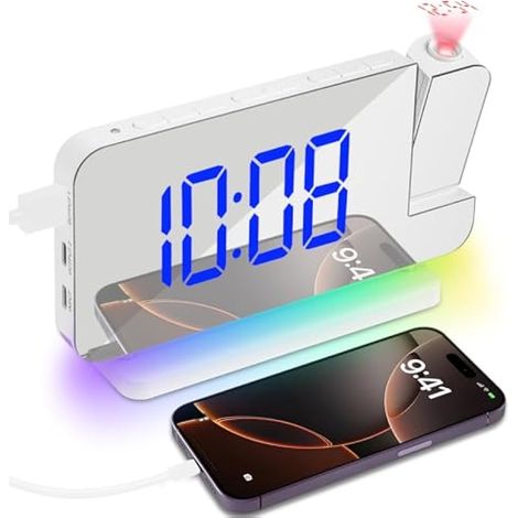 Réveil projecteur LED 7,4 pouces, horloge numérique avec projecteur rotatif 180°, veilleuse RGB, port USB-C, gradation, volume, snooze pour chambre