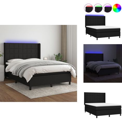 Sommier à lattes de lit matelas et LED Noir 140x200 cm Tissu - Sommier Tapissier - Lit Avec LED - Matelas À Ressorts Ensachés - Têted Lit Ajustable - Éclairage LED (1/5)