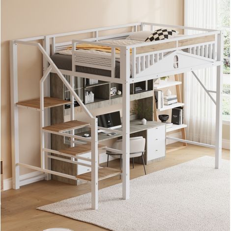 Letto a castello alto 255x145x170 cm, con scala laterale di sicurezza, spazio contenitore, metallo e legno bianco (1/5)