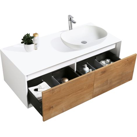 BERNSTEIN - Mueble lavabo suspendido MDF blanco mate, 2 cajones con frente efecto roble 120x40x55cm - Fiona 1200 Aspecto roble