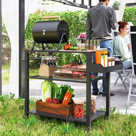 Table BBQ 3 étagères en acier inoxydable, chariot extérieur avec plan de travail et roulettes, gril à charbon pour jardin et terrasse, dimensions 105x50x79cm, noir