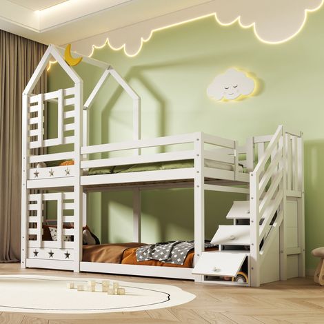 Lit superposé cabane enfant 90x200 cm blanc, 2 couchages, escalier rangement, 2 tiroirs, barrières anti-chute, 2 sommiers lattes, certifié EN 747 (1/5)