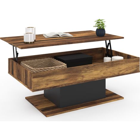 Idmarket – Table basse relevable rectangulaire – Plateau bois foncé effet vieilli et noir – Dimensions 110x60x40/53cm – Rangement intégré sous le plateau