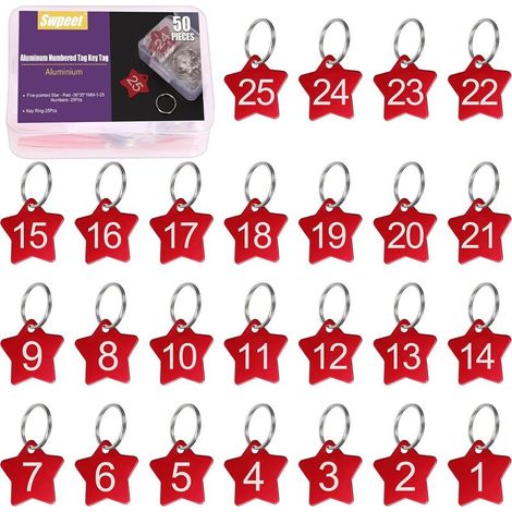 50Pcs 1-25 Numéro étoile Rouge Numéro en Aluminium étiquettes Avec Porte-clés Kit d'assortiment, Porte-clés en Métal étiquette Avec Numérotées étiquettes Clés Pour le Codage, la Décoration (1/5)