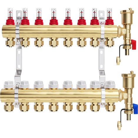 Collecteur Plancher Chauffage en Laiton pour 8 Circuits avec Raccord 16 × 2 mm, Collecteur pour Chauffage avec Débitmètres, Kit de Purge Rapide (1/5)