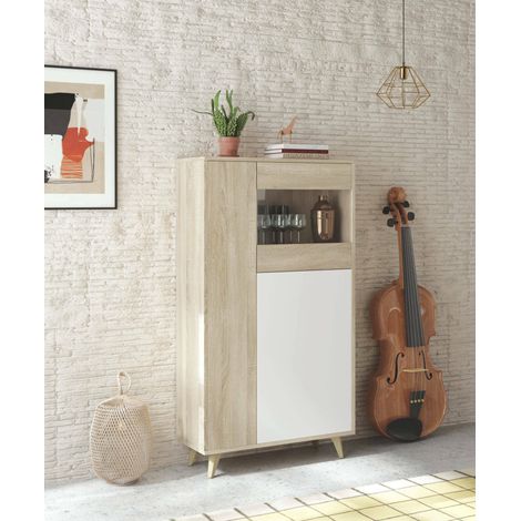 Vitrine moderne avec 3 portes, Made in Italyy, Buffet haut avec étagères, Meuble d'entrée, 77x33h142 cm, Couleur Chêne et Blanc (1/5)