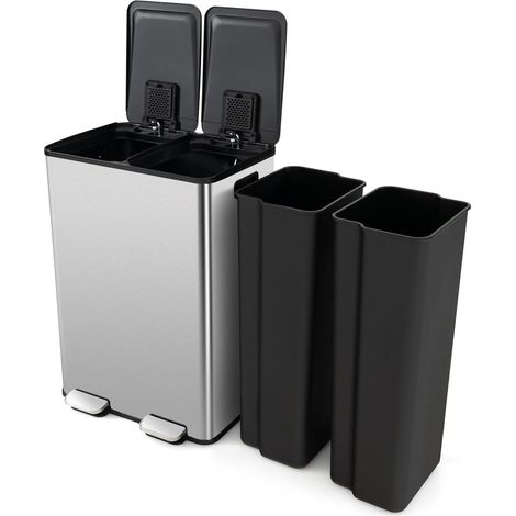 COSTWAY Bote de Basura de Doble Compartimento de 30L, Contenedor de Basura con 2 Compartimentos de Acero Inoxidable, Tapas de Cierre Suave/Cubos Internos de Plástico, Plata (1/5)