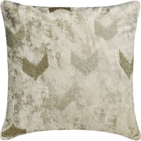 Funda de cojín de diseño personalizado, almohada decorativa jacquard de 20 x 20 pulgadas en color marfil con detalles de cuentas y estampado abstracto moderno, con acabado en lámina dorada.