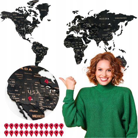 Carte du monde 3D en bois XXL 181 cm, fixée au mur avec étiquettes de voyage (1/5)