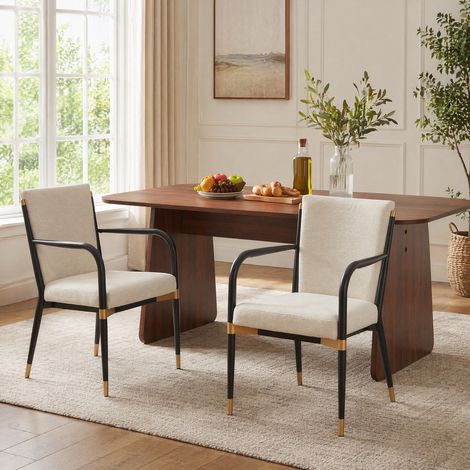 Sedie da pranzo moderne con braccioli, set da 2, tessuto beige e struttura nero-oro (1/5)